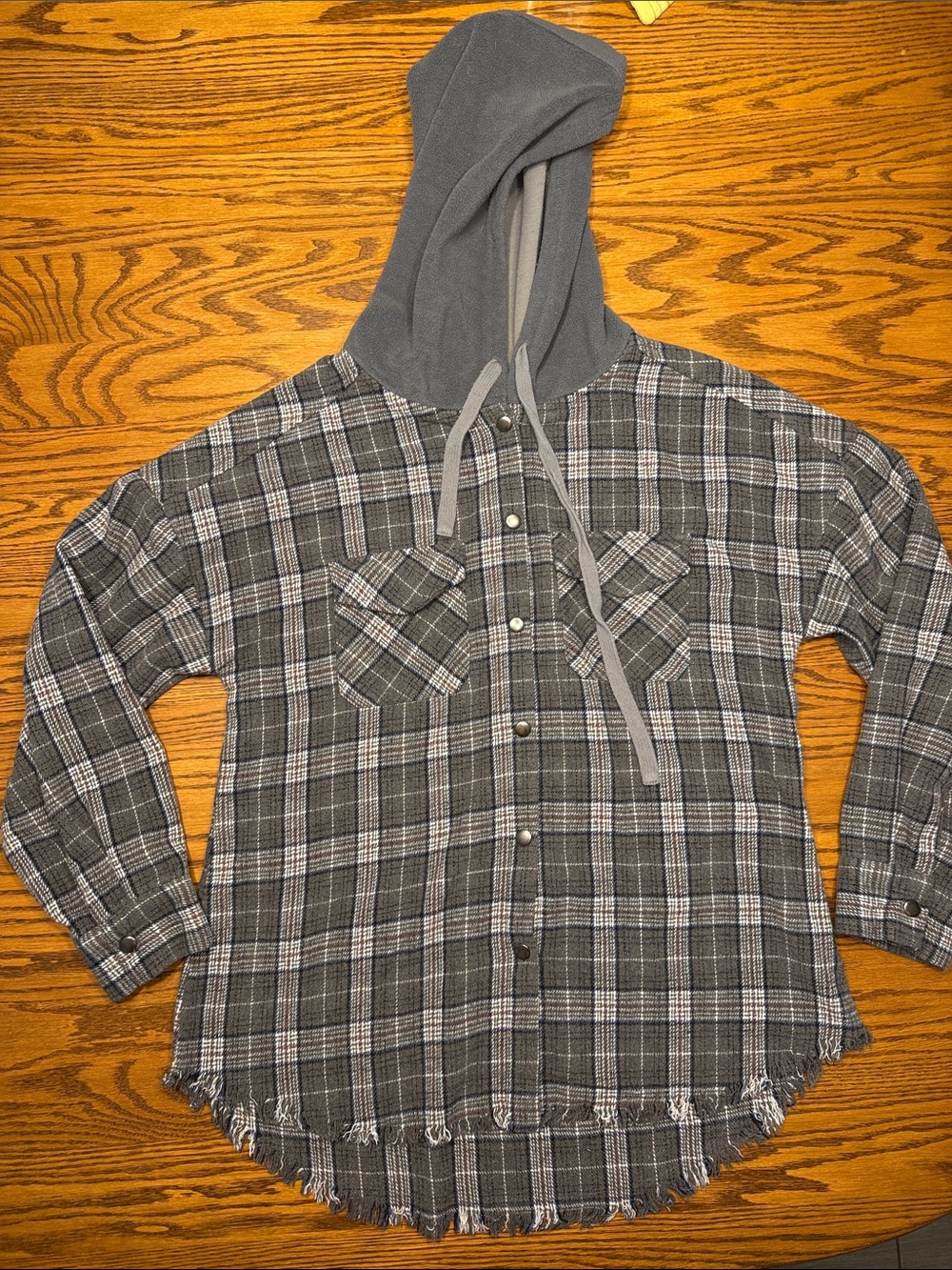 Gray Plaid Hooded Button-Down Shirt Jacket